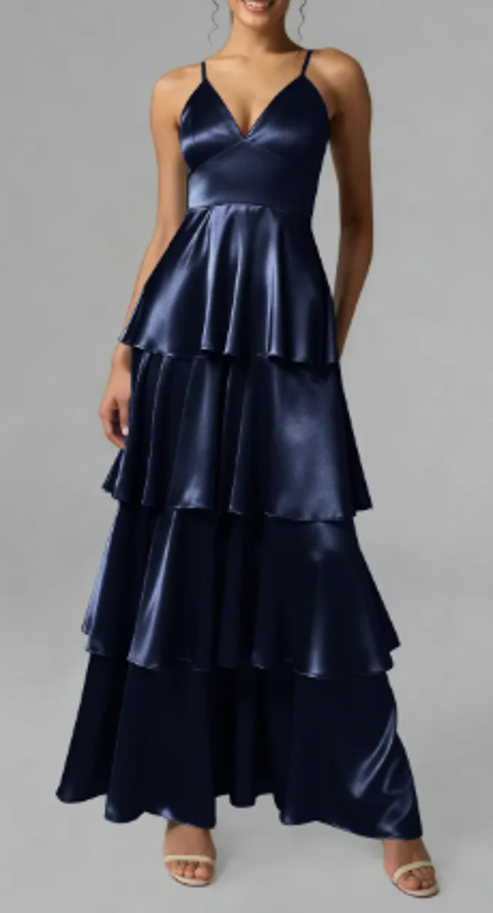 AW BRIDAL 2 XS navy blue Lachlan satin crystal wedding gala maxi dress NEW b26